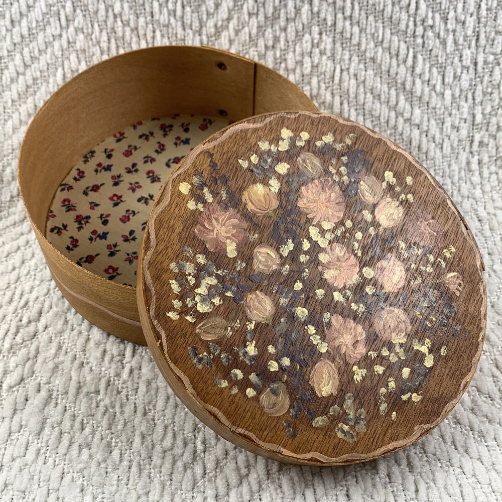 Vintage Shaker Hand Painted‎ Floral Lined Round Wooden Trinket Pantry Box Signed